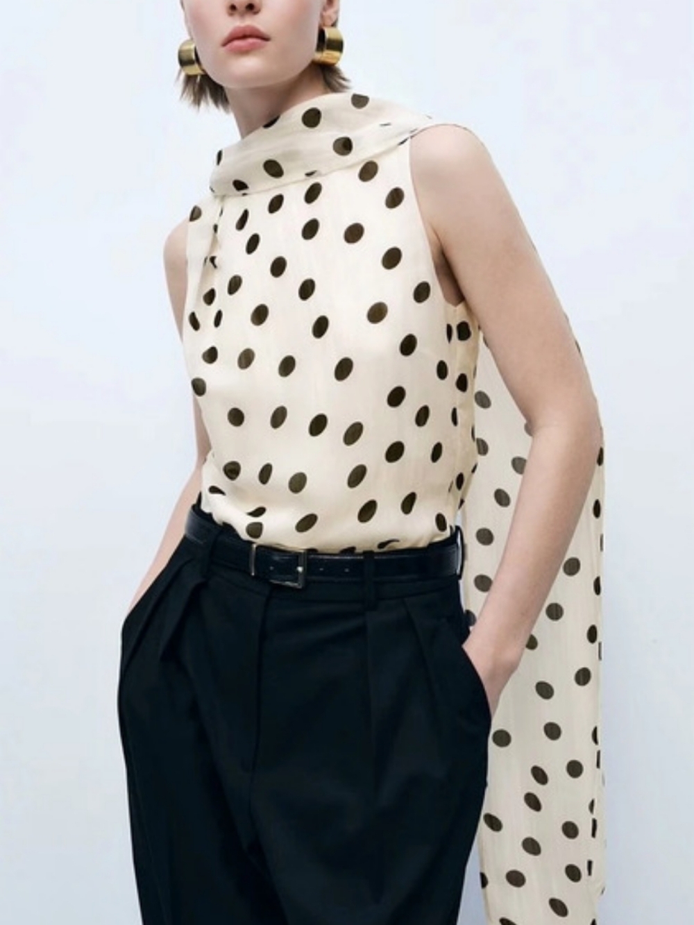 Mango Polka Dot Blouse with Scarf White & Black Size Medium